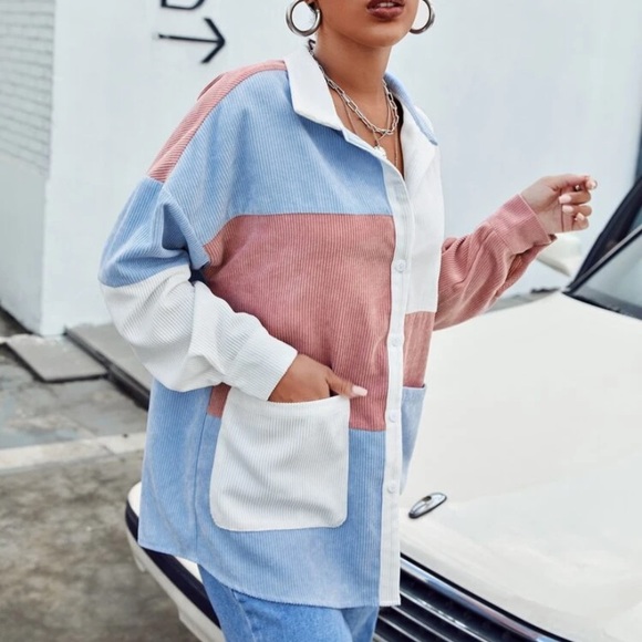 Women’s color block  corduroy long sleeve top - Picture 4 of 5